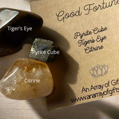Crystal kit showing labelled pyrite, citrine and tiger's eye stones for abundance and prosperity