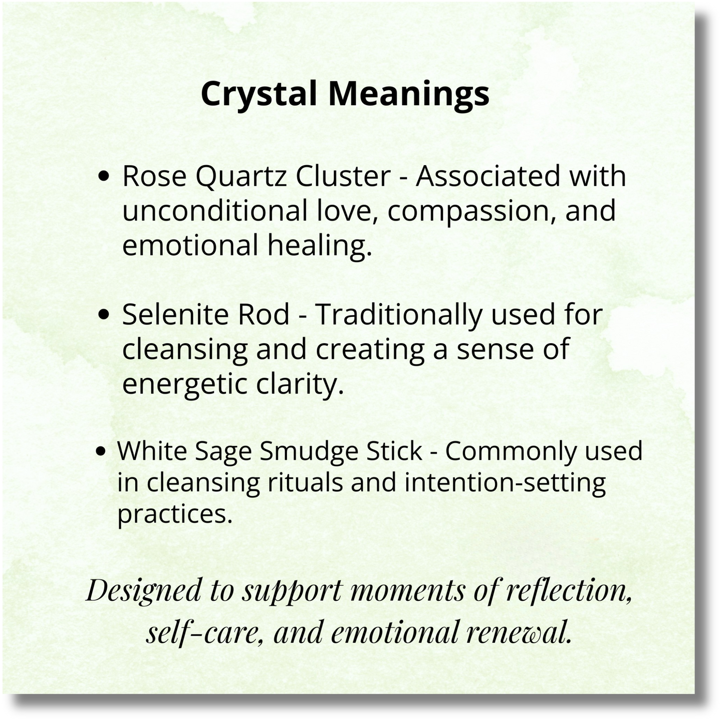 Text describing crystal meanings on a light green background