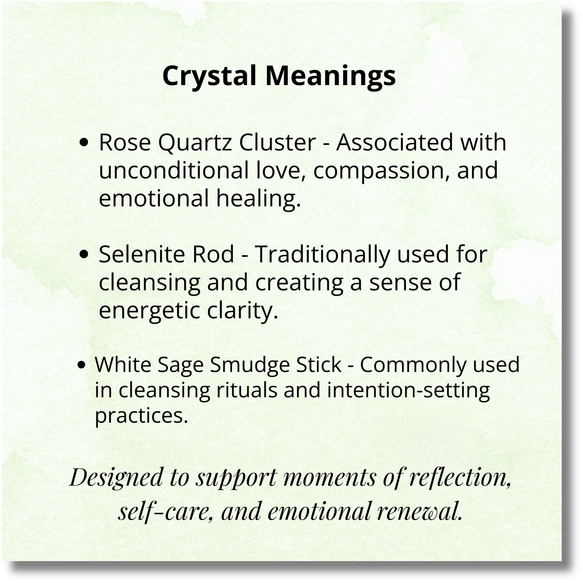 Text describing crystal meanings on a light green background
