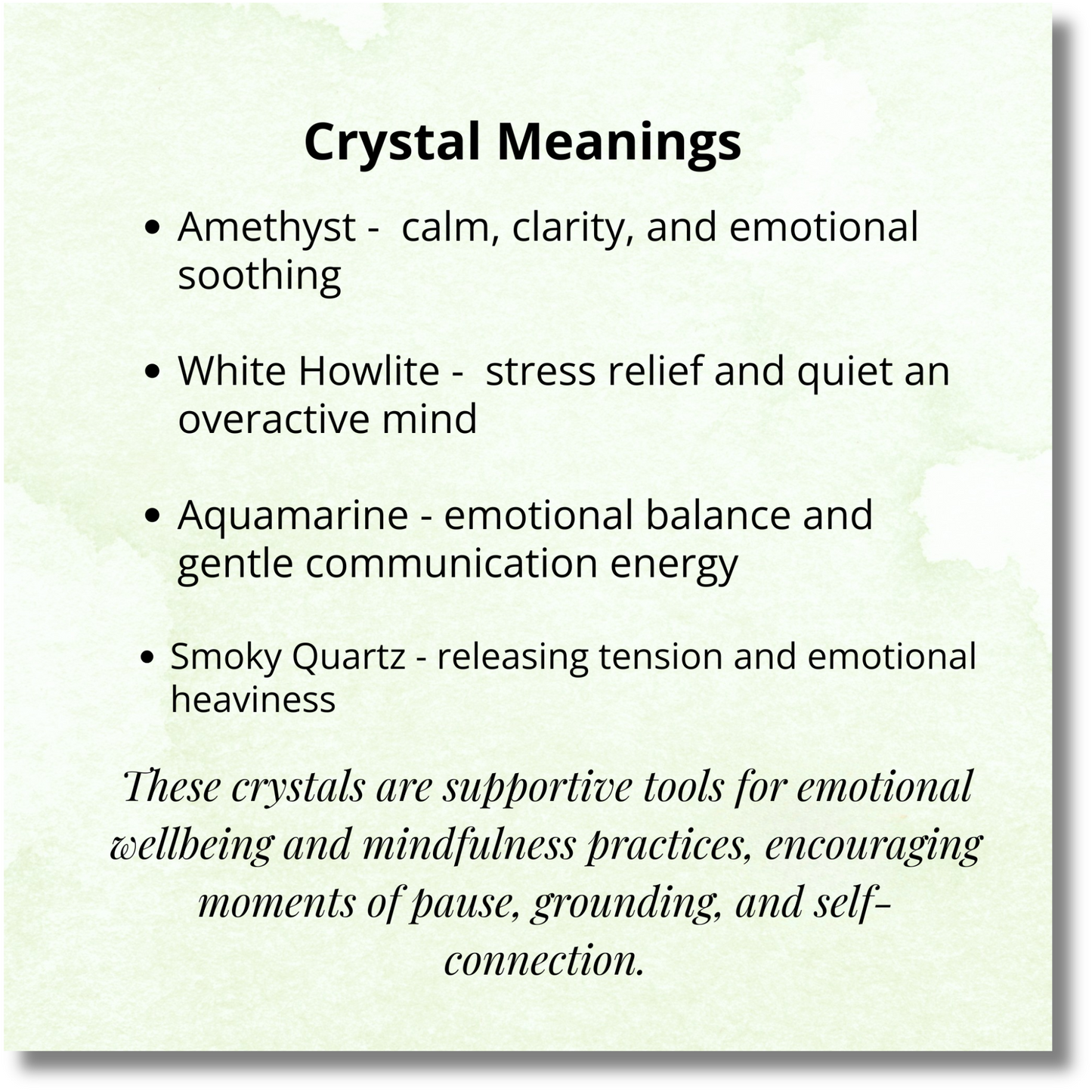 List of crystal meanings with corresponding effects on a light green background