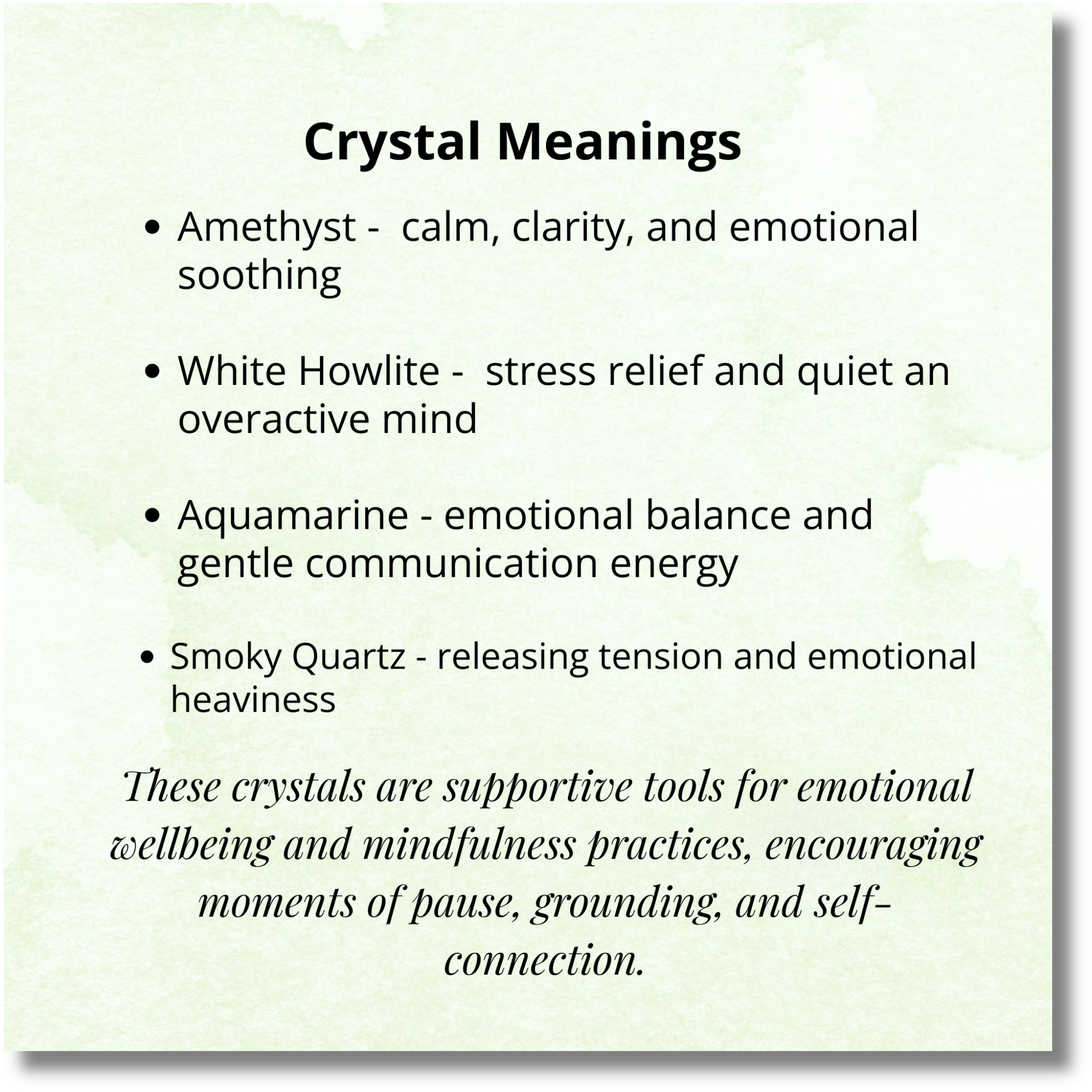 List of crystal meanings with corresponding effects on a light green background