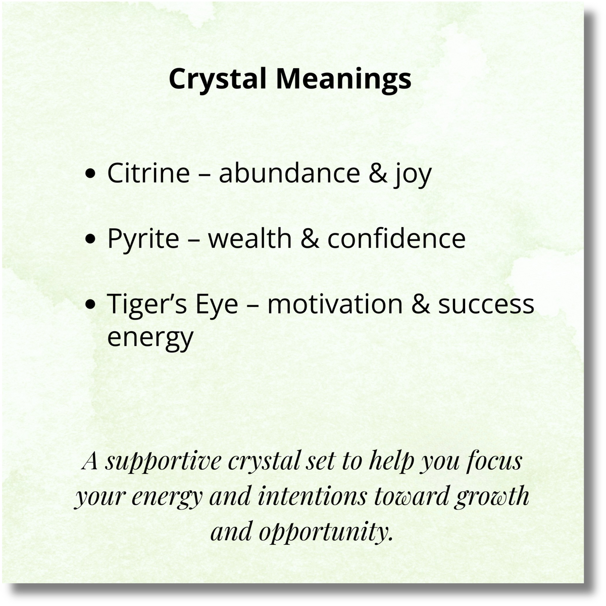 List of crystal meanings on a light green background