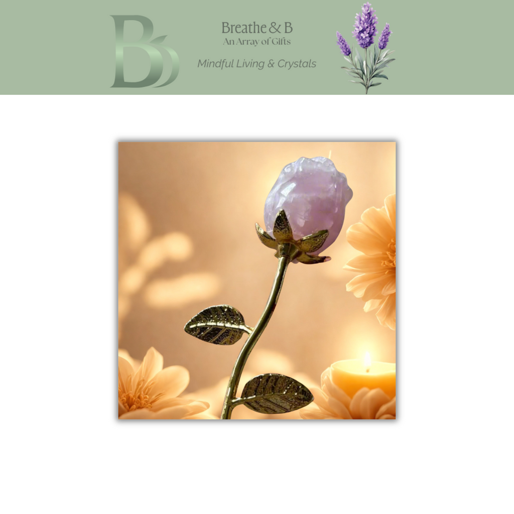 Decorative card with rose quartz crystal flower and candle, featuring the brand 'Breathe & B'.