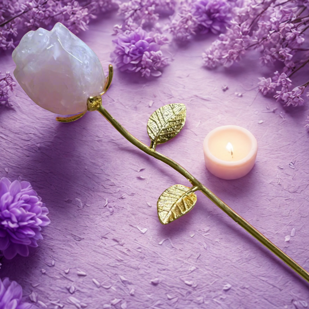 Decorative gold-stemmed  rose quartz with gold leaves on a purple surface with a small candle.