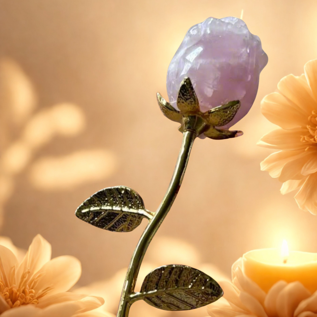 Decorative rose with a rose quartz crystal on a soft focus background