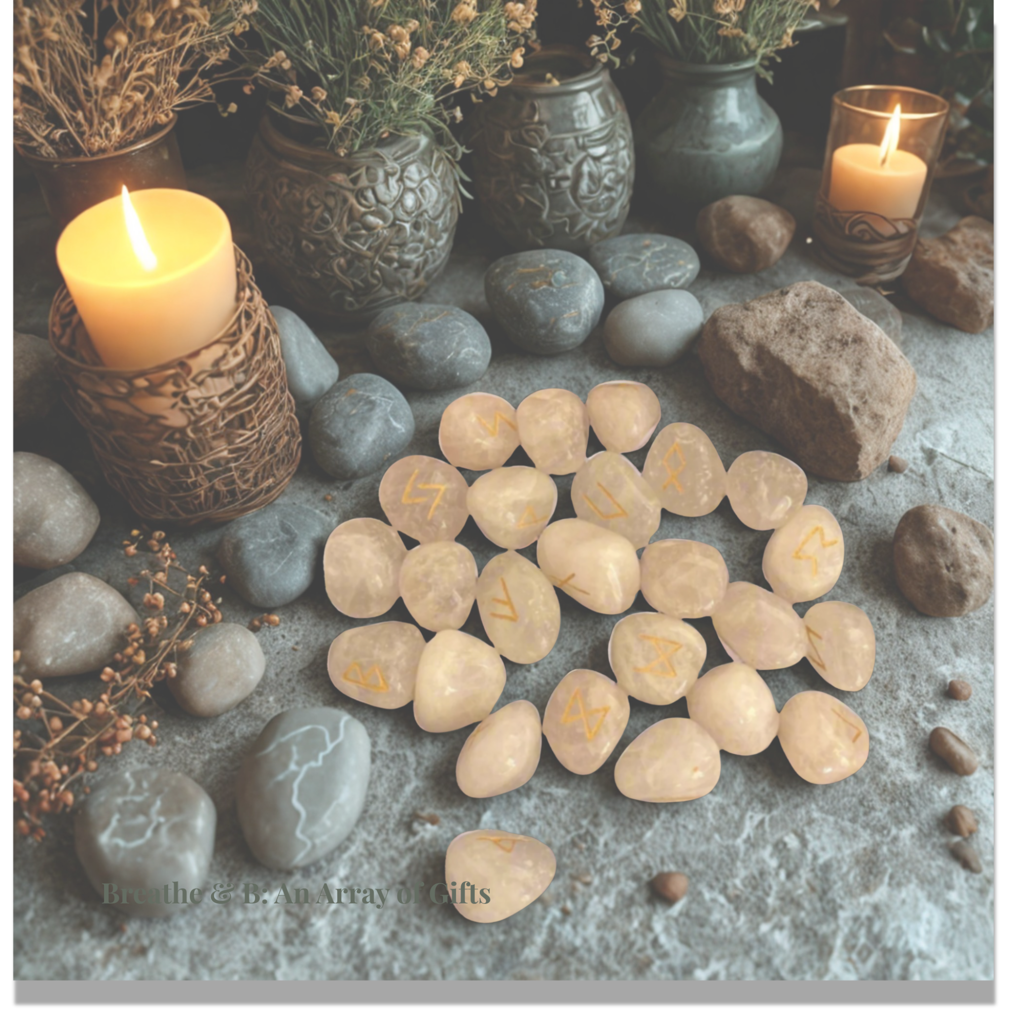 Decorative setting with crystal rose quartz runes, stones, candles, and vases on a textured surface.
