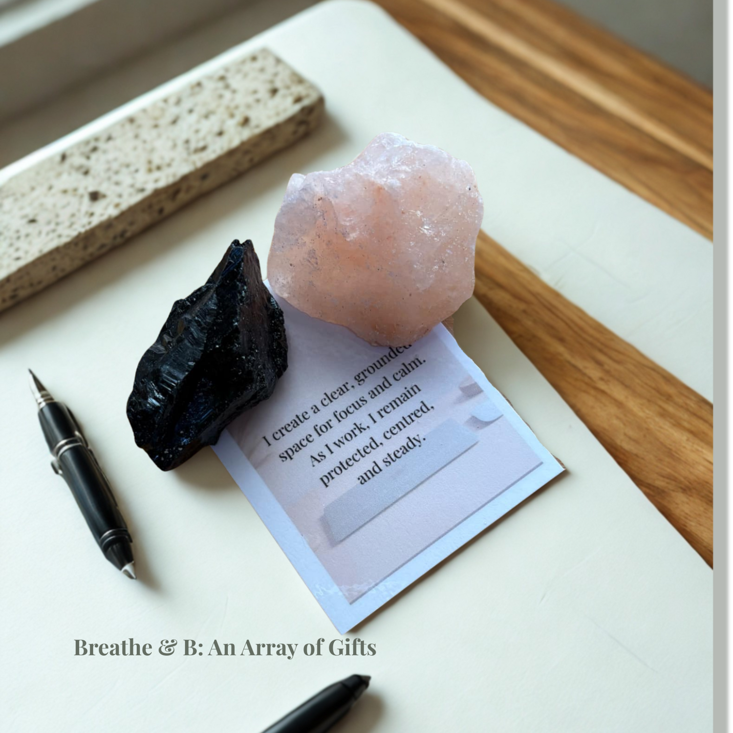 Desk Detox Kit – A Pocket of Calm for Your Workspace - Himalayan Salt Chunk, Black Tourmaline and Affirmation Card