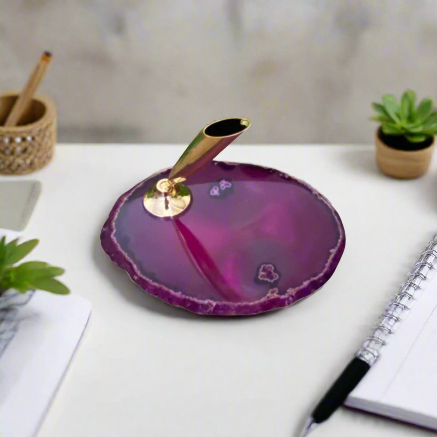 Elegant Pink Agate Slice Pen Organizer