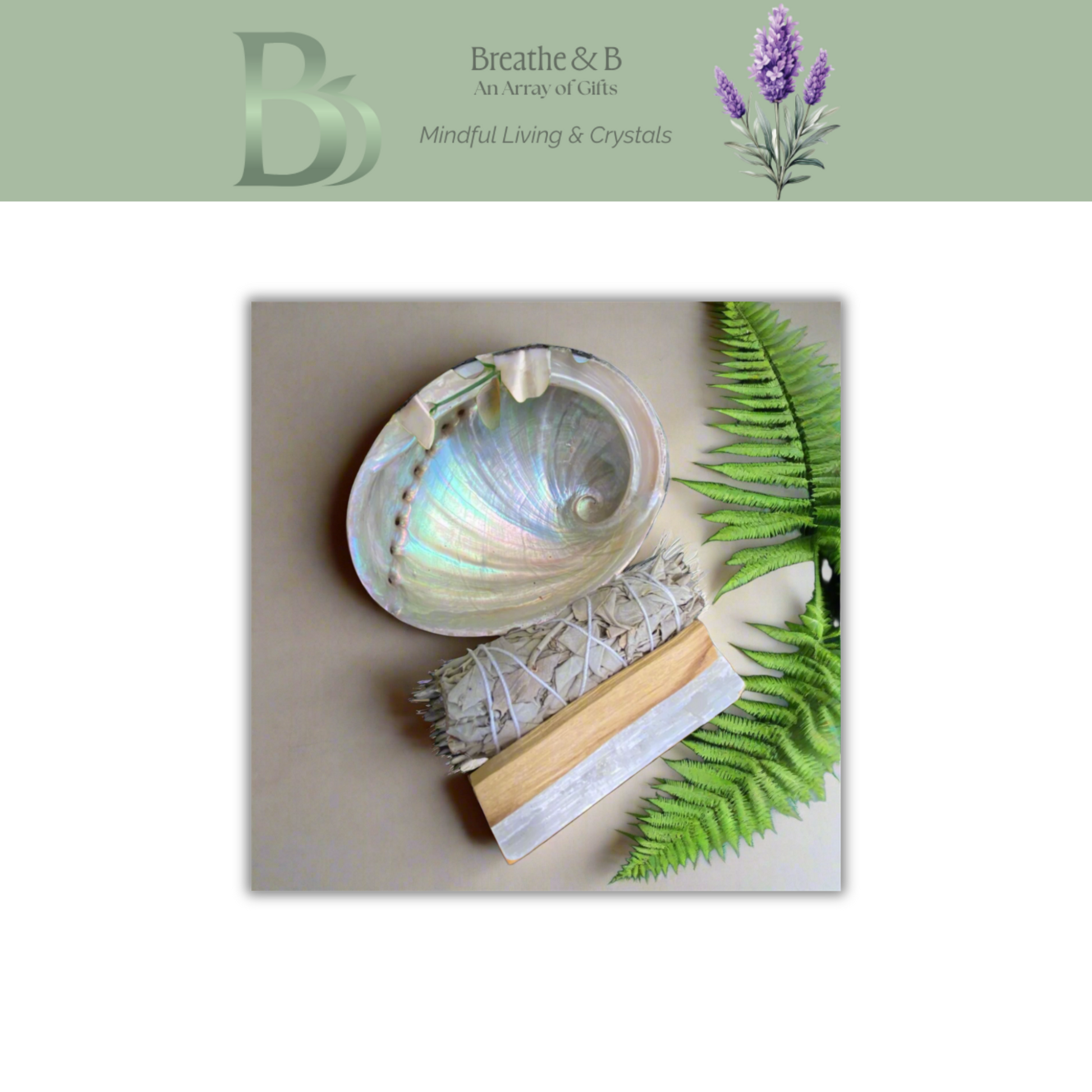 Energy cleansing ritual kit displayed with Breathe and B branding on natural styled background