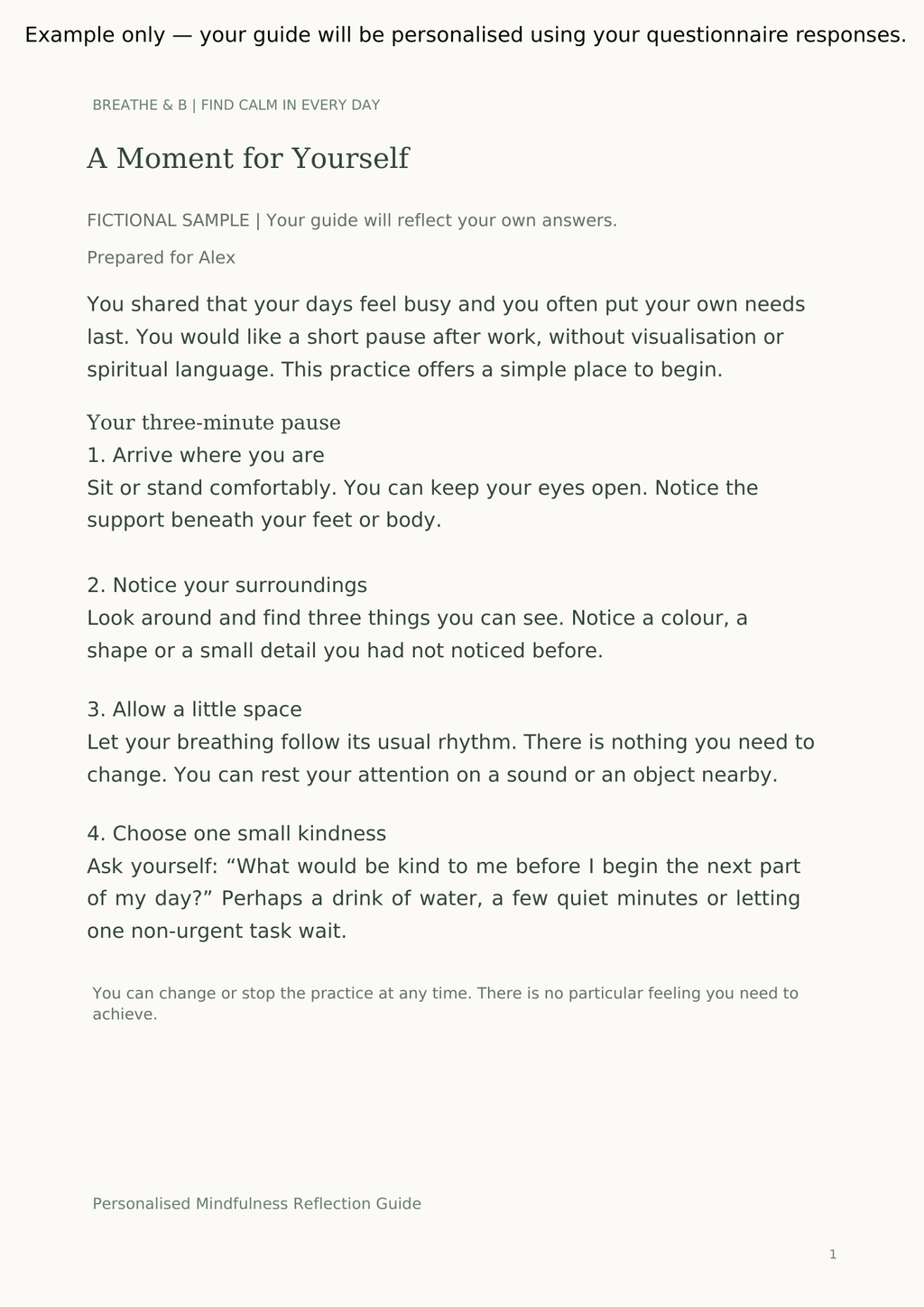 Fictional mindfulness guide prepared for Alex, showing a personal welcome and a four-step practice for taking a three-minute pause after a busy day.