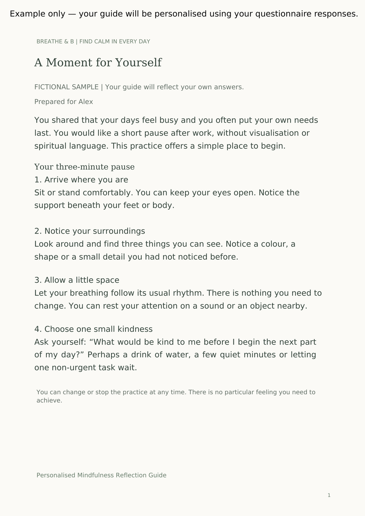 Fictional mindfulness guide prepared for Alex, showing a personal welcome and a four-step practice for taking a three-minute pause after a busy day.