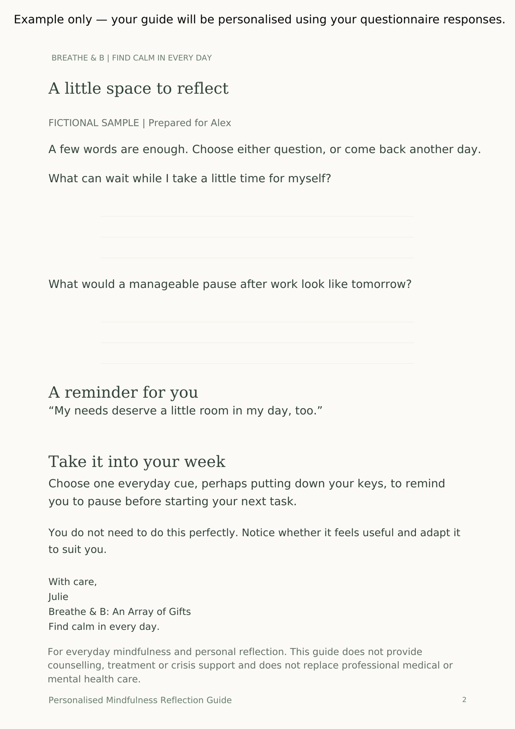 Fictional guide with two reflection questions, writing space, a personal affirmation and a suggestion for including a mindful pause in everyday life.