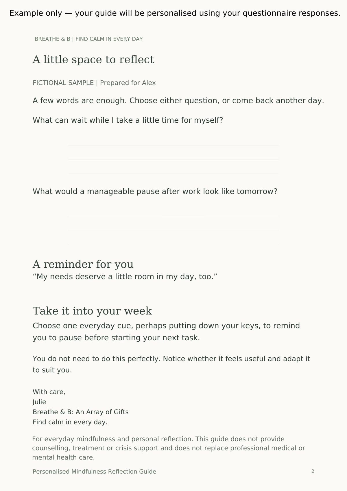 Fictional guide with two reflection questions, writing space, a personal affirmation and a suggestion for including a mindful pause in everyday life.