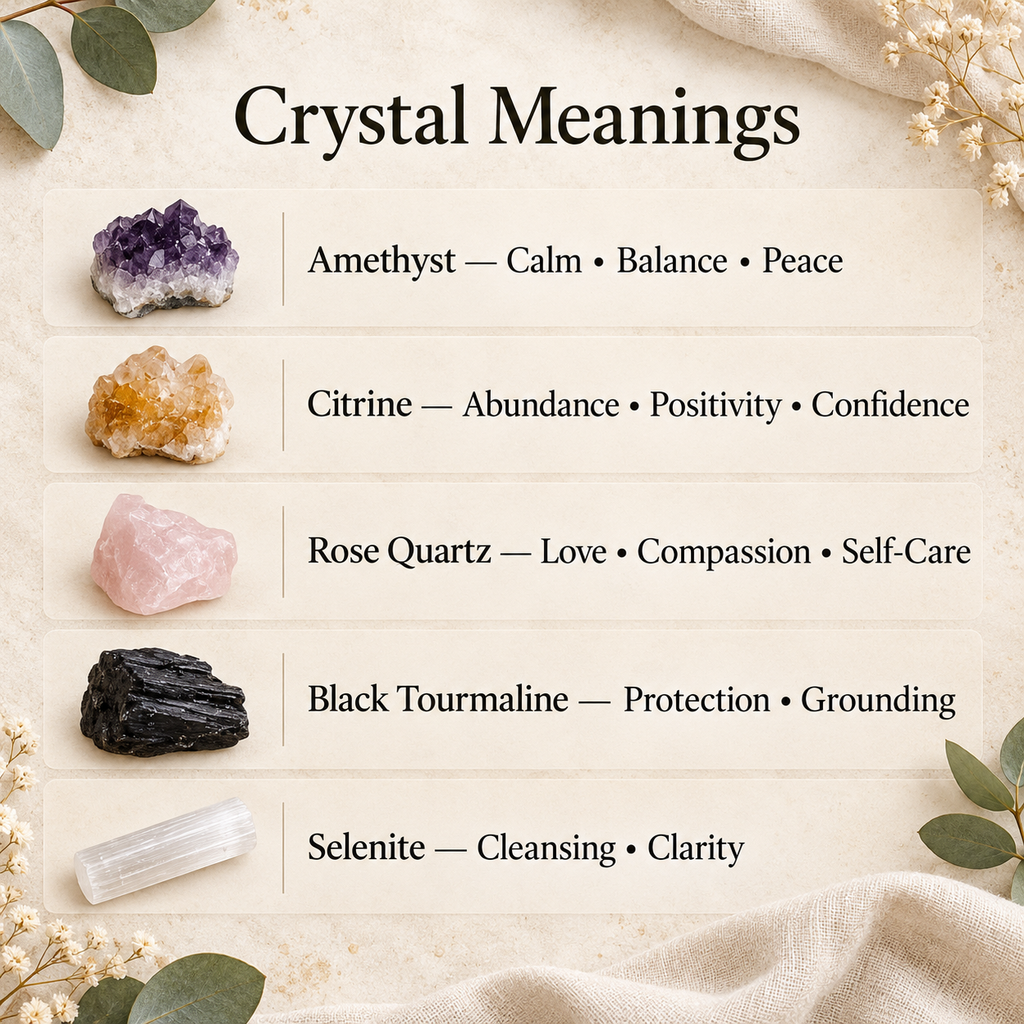 Crystal meanings guide showing amethyst, citrine, rose quartz, black tourmaline and selenite beside their commonly associated qualities.