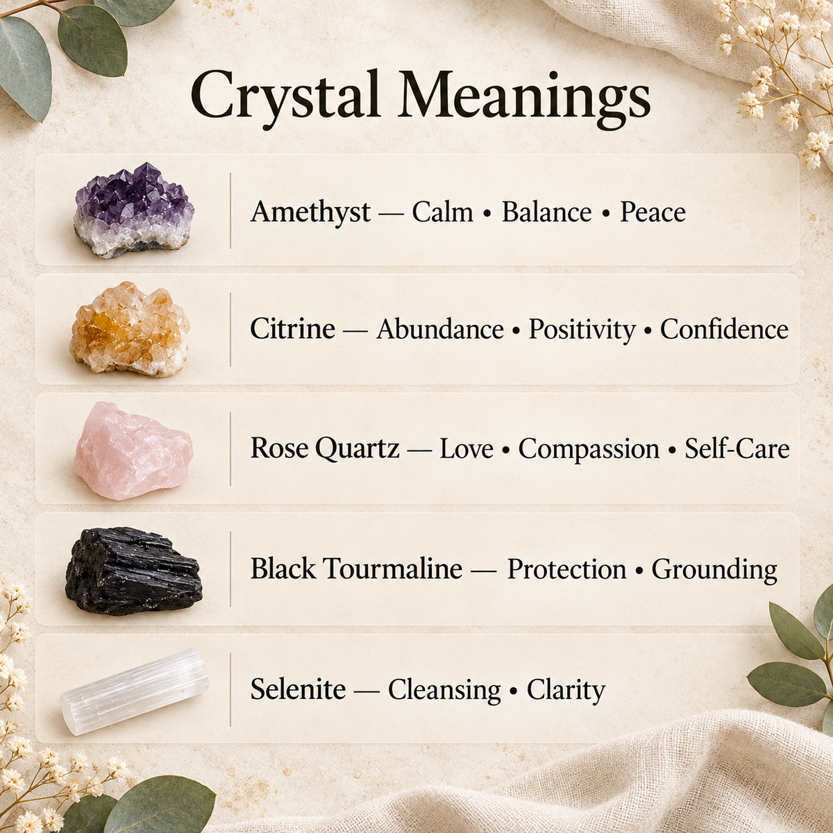 Crystal meanings guide showing amethyst, citrine, rose quartz, black tourmaline and selenite beside their commonly associated qualities.