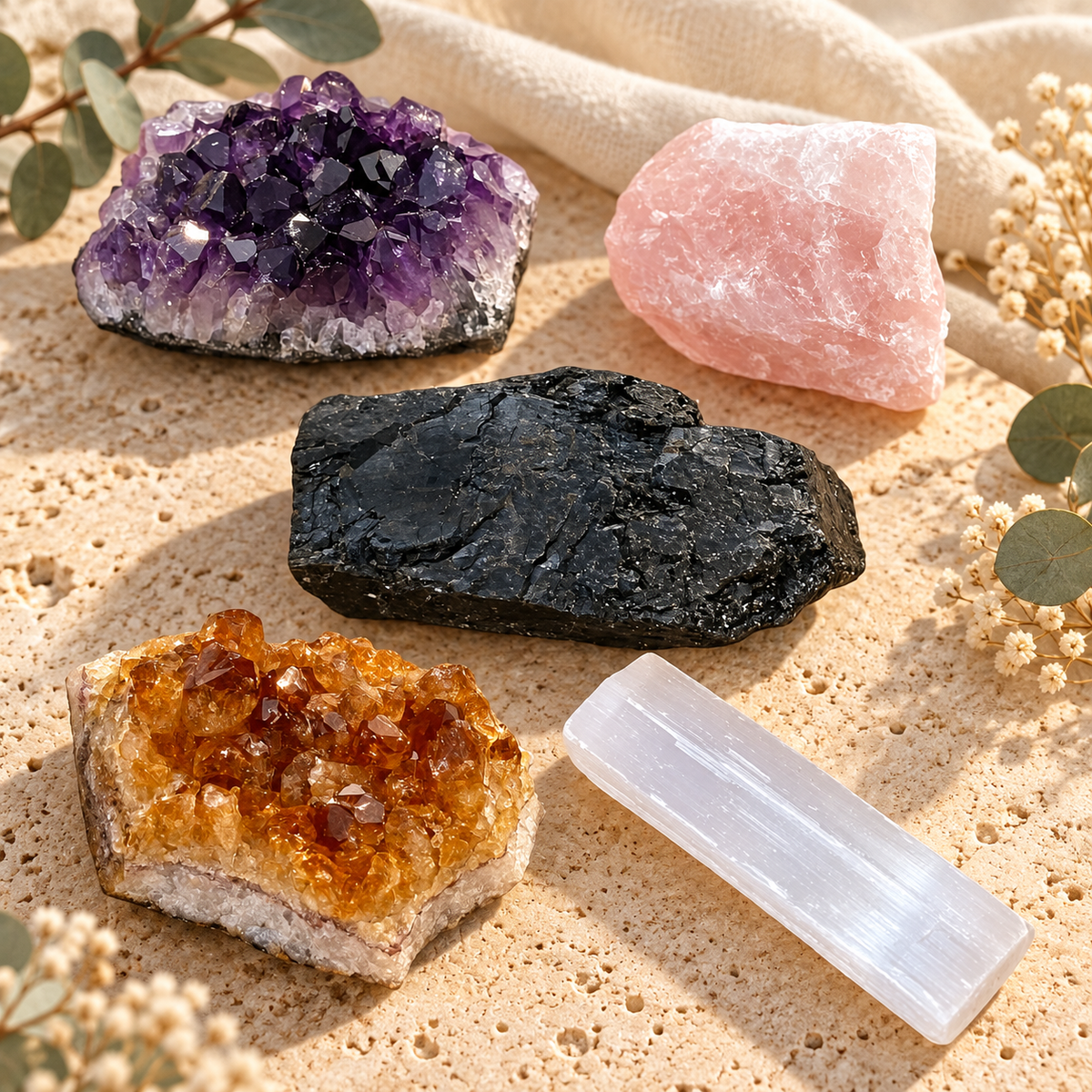 Five-piece crystal kit featuring amethyst, citrine, rose quartz, raw black tourmaline and a white selenite rod on a warm neutral surface.