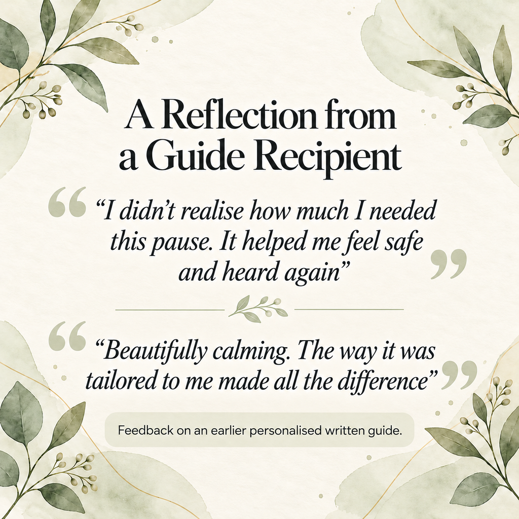 Two comments from one recipient describing an earlier personalised written guide as calming and thoughtfully tailored, framed by sage leaves.
