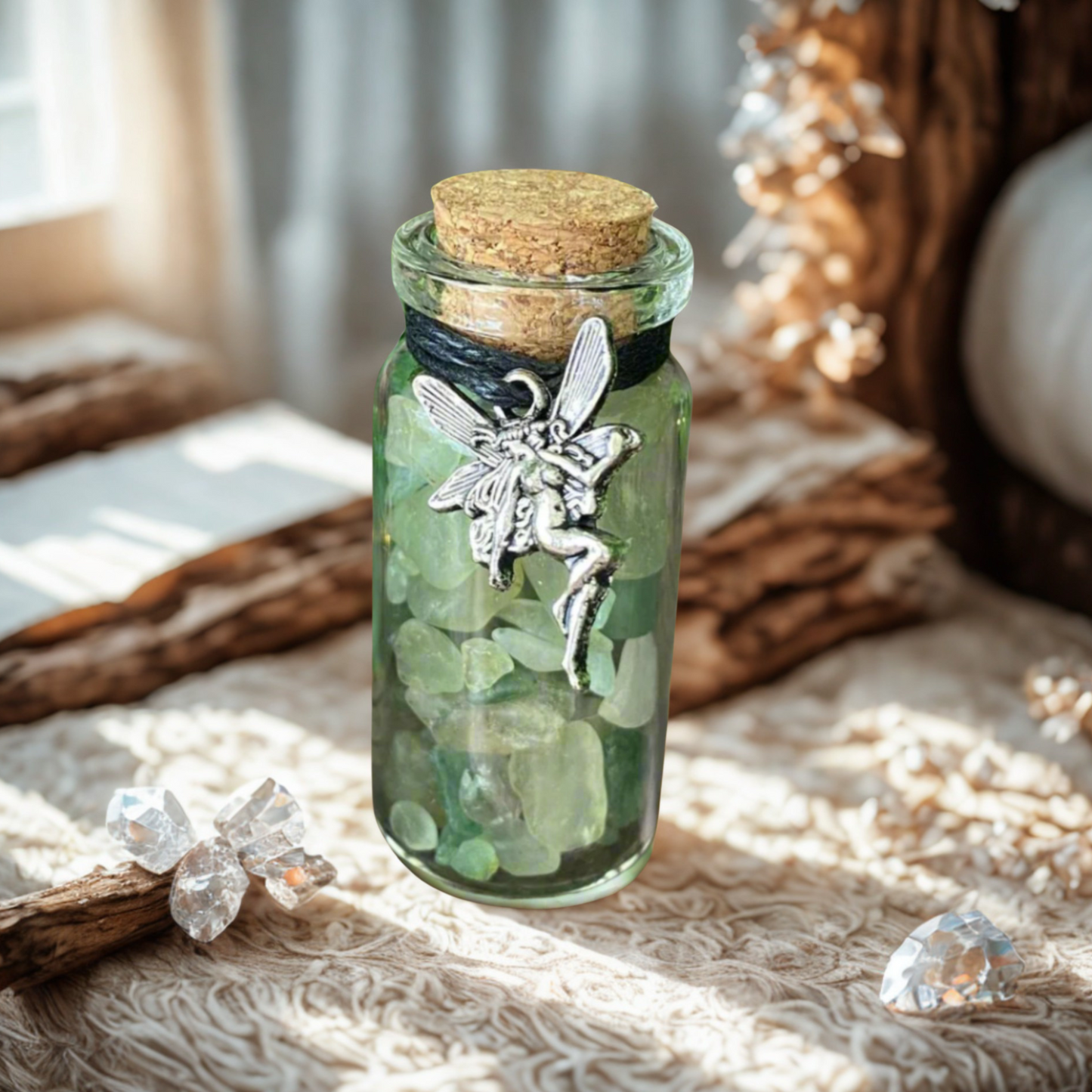Glass jar with green aventurine crystal chips and a fairy figurine on a textured surface