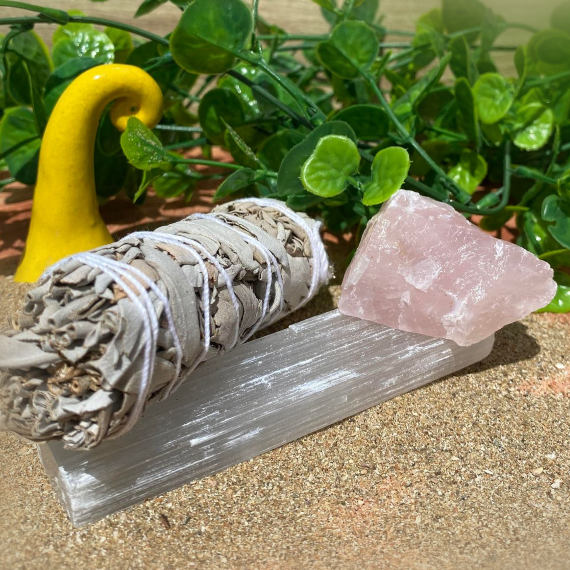 Heart Cleansing Bundle with Sage, Raw Rose Quartz and Raw Selenite.