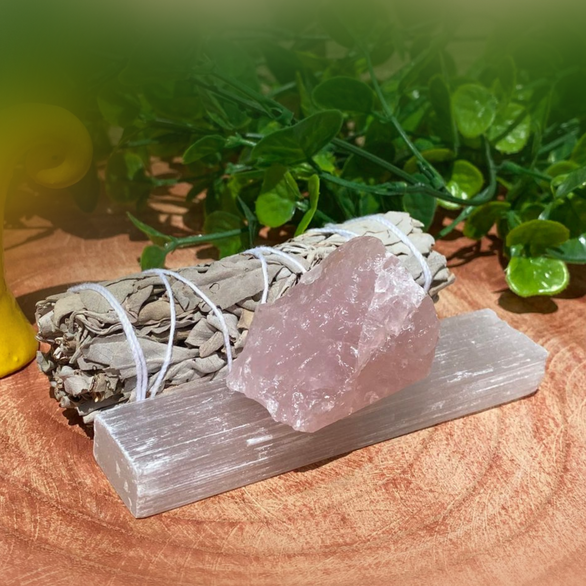 Heart Cleansing Bundle with Sage, Raw Rose Quartz and Raw Selenite.