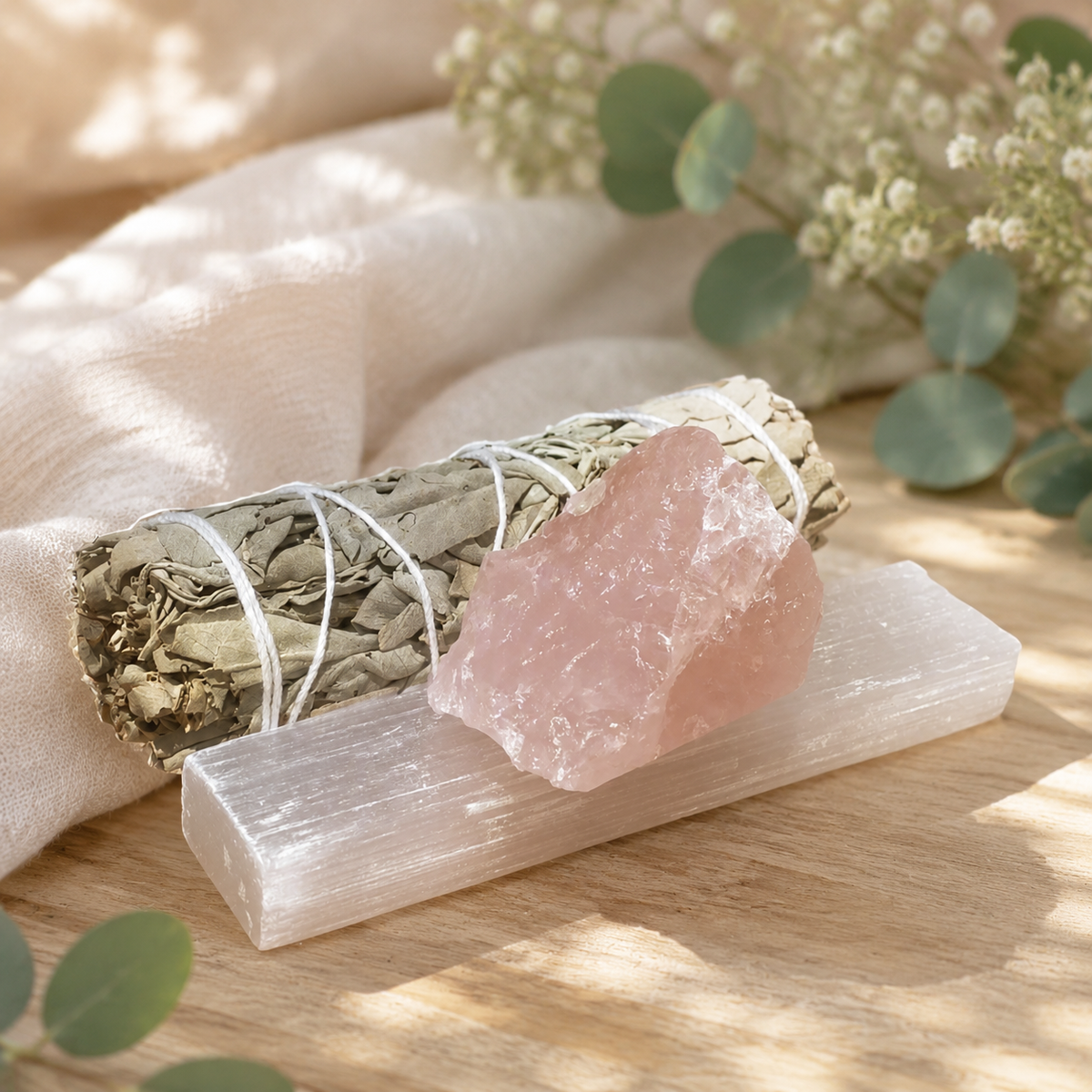 A pink rose quartz crystal and a sage bundle tied with white string, displayed on a white selenite wand over a wooden surface with soft fabric and eucalyptus leaves in the background.