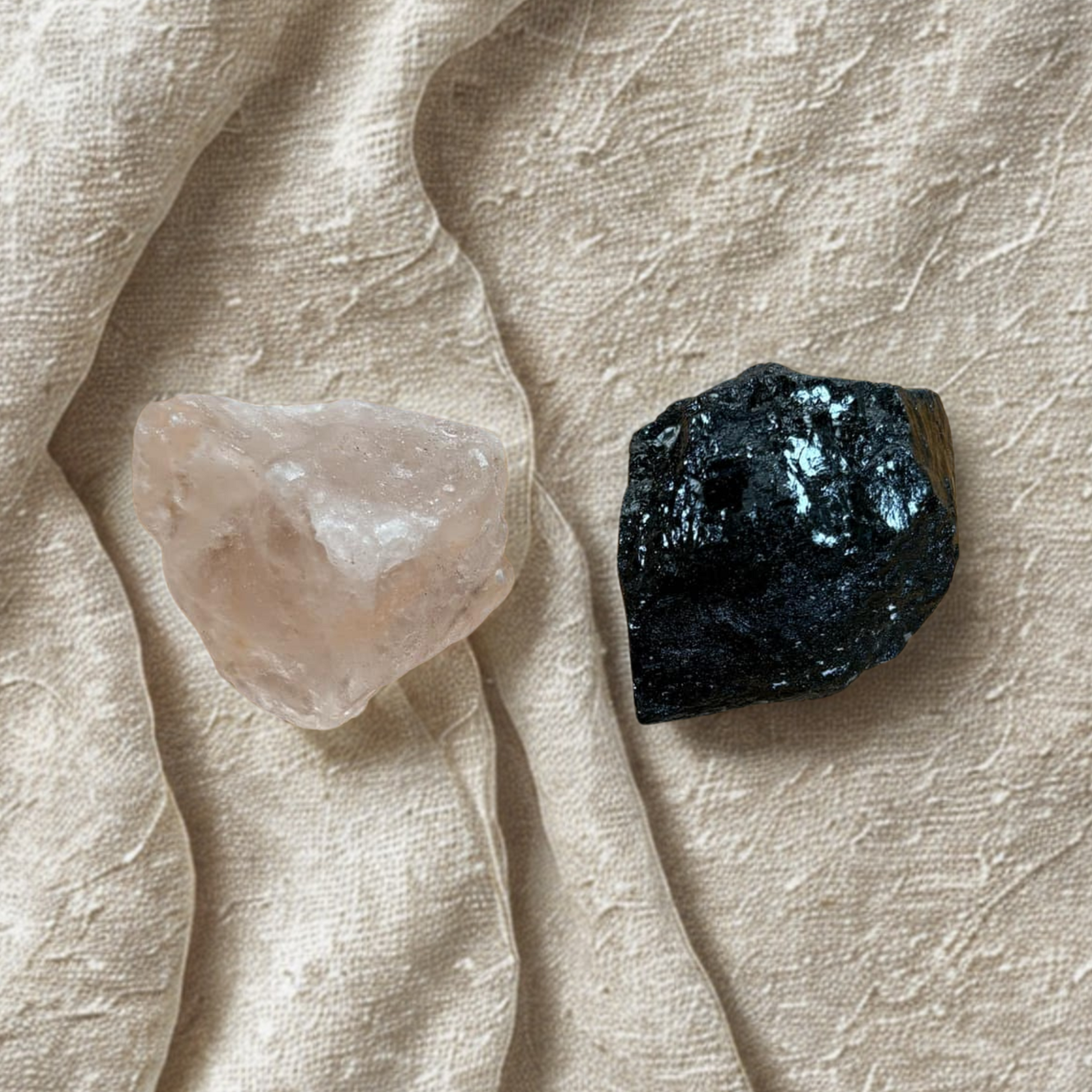 Himalayan Salt Chunk and Black Tourmaline, on a textured beige surface.