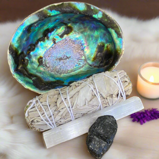 House cleansing and protection ritual kit with sage, selenite rod, black tourmaline and abalone shell for home energy clearing