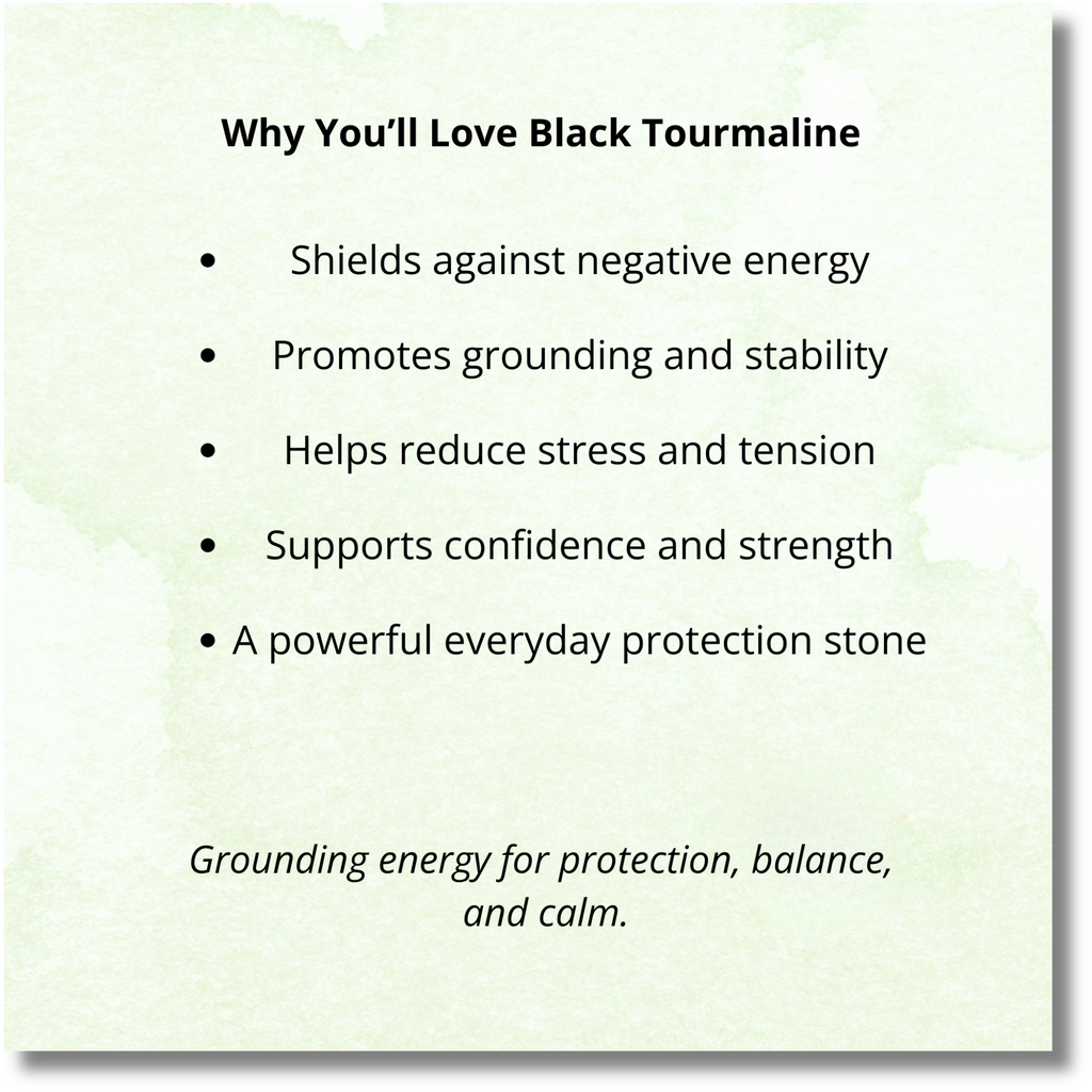 List of benefits of black tourmaline on a light green background