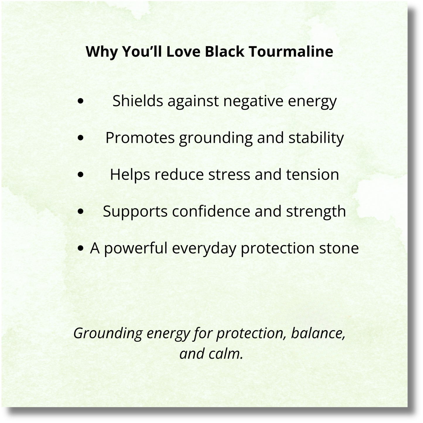 List of benefits of black tourmaline on a light green background
