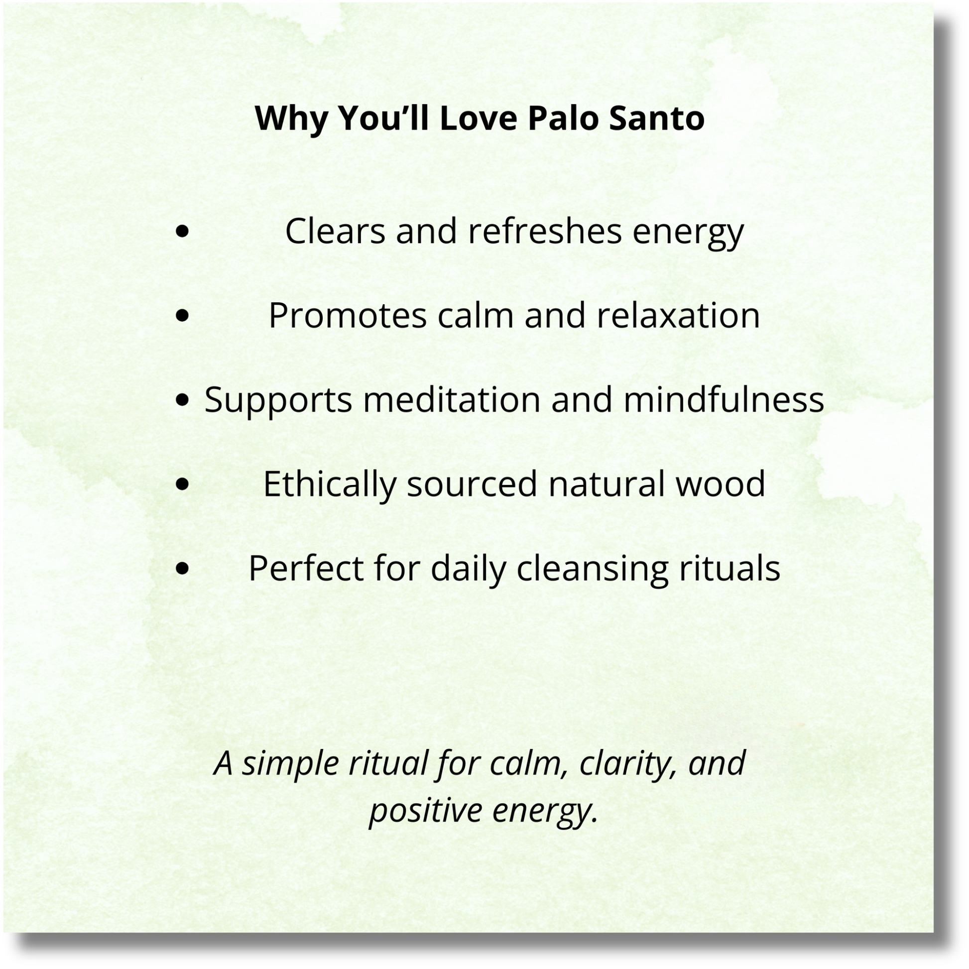 Infographic showing palo santo benefits including energy cleansing, relaxation, mindfulness and meditation support