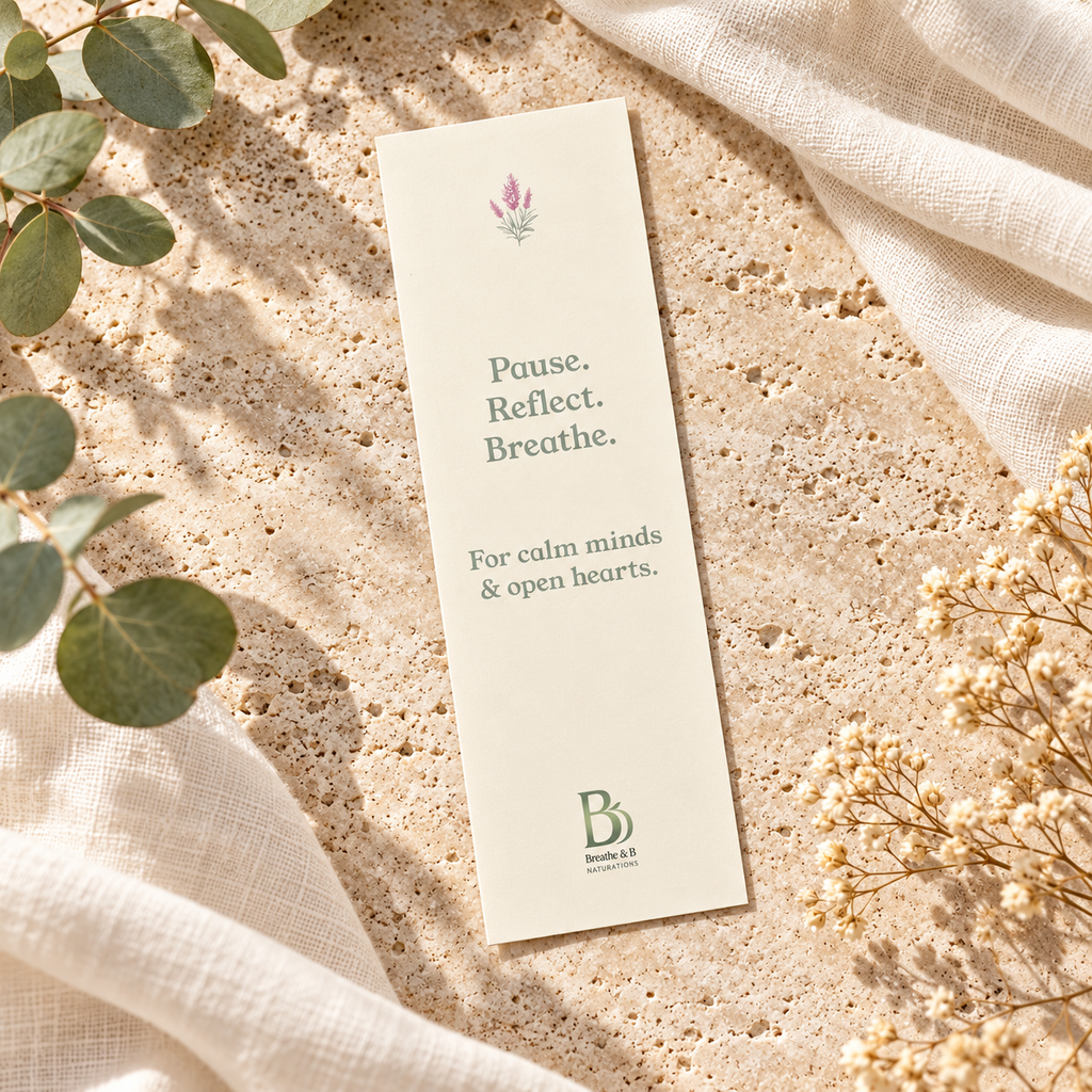 Ivory botanical bookmark featuring the words Pause Reflect Breathe and For calm minds and open hearts.