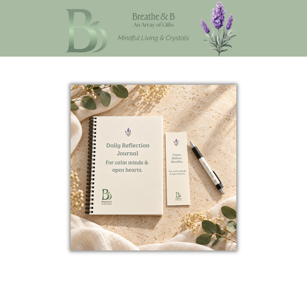 A styled flat-lay product photo showing a cream-colored spiral-bound Daily Reflection Journal and a matching branded card with a black pen on a textured beige surface, with eucalyptus leaves. The top of the image features a sage green banner with the brand logo 'Breathe & B'.