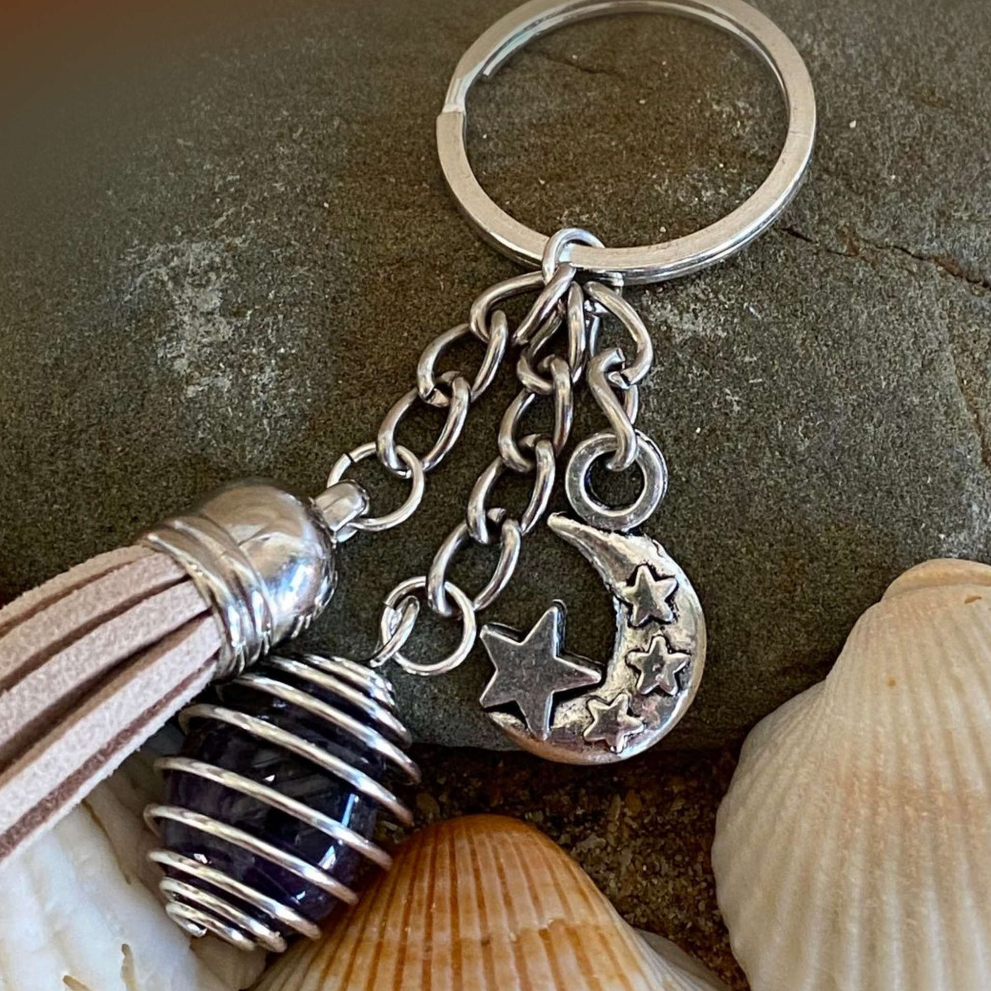 Spiral Cage Keyring with Amethyst Tumble Stone, Beige Tassel and Charm