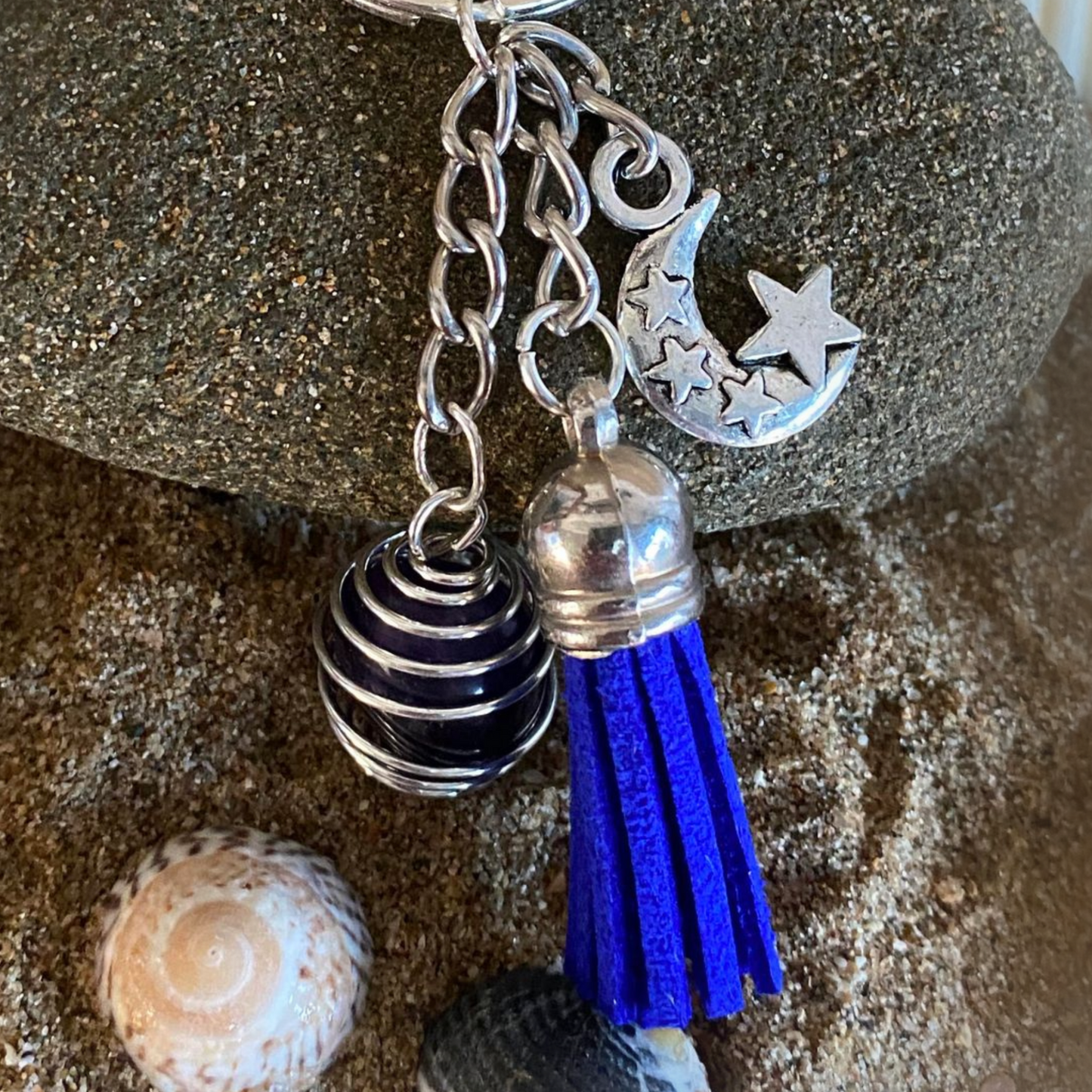 Spiral Cage Keyring with Amethyst Tumble Stone, Royal Blue Tassel and Charm