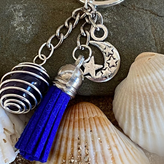 Spiral Cage Keyring with Amethyst Tumble Stone, royal Blue Tassel and Charm