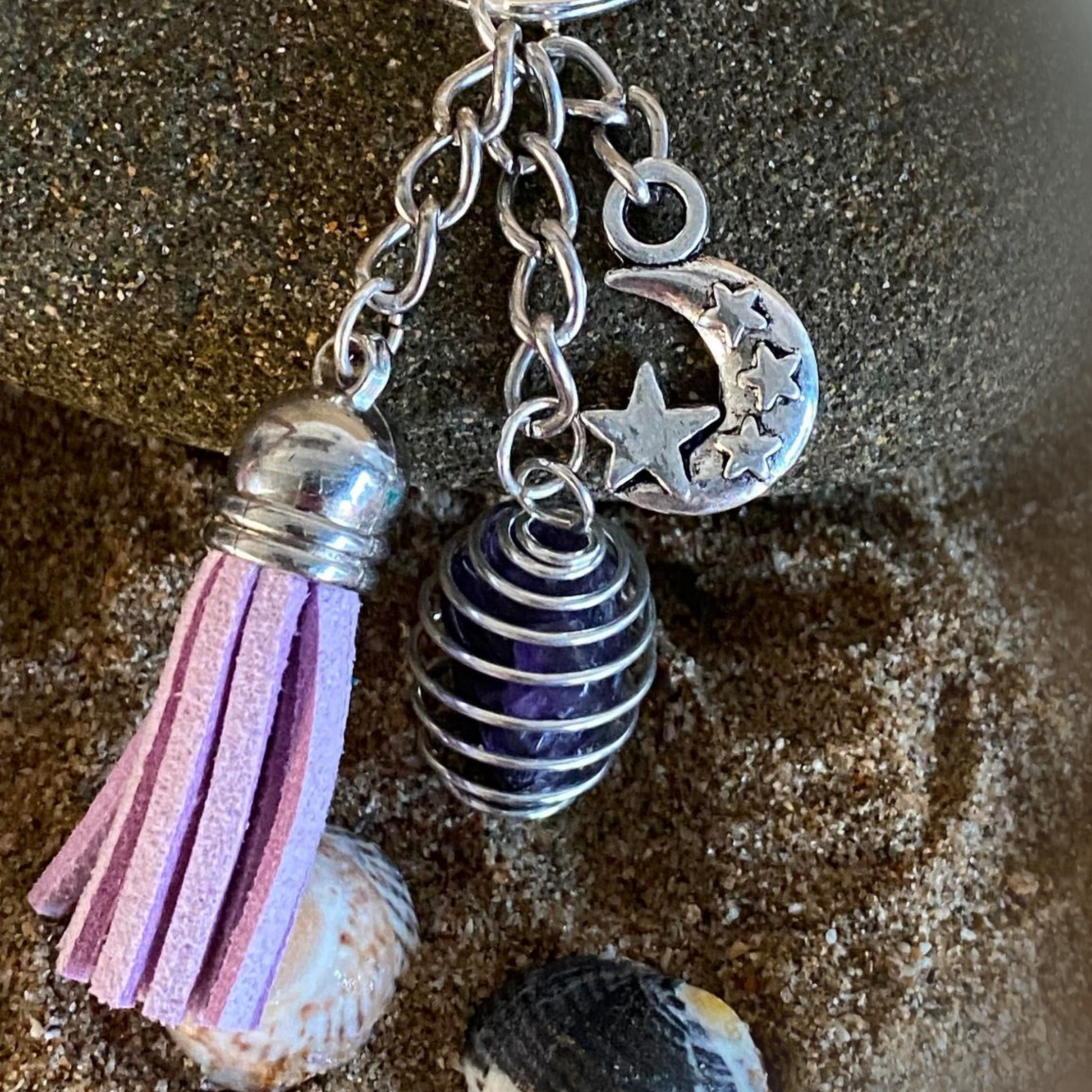 Spiral Cage Keyring with Amethyst Tumble Stone, Light Purple Tassel and Charm