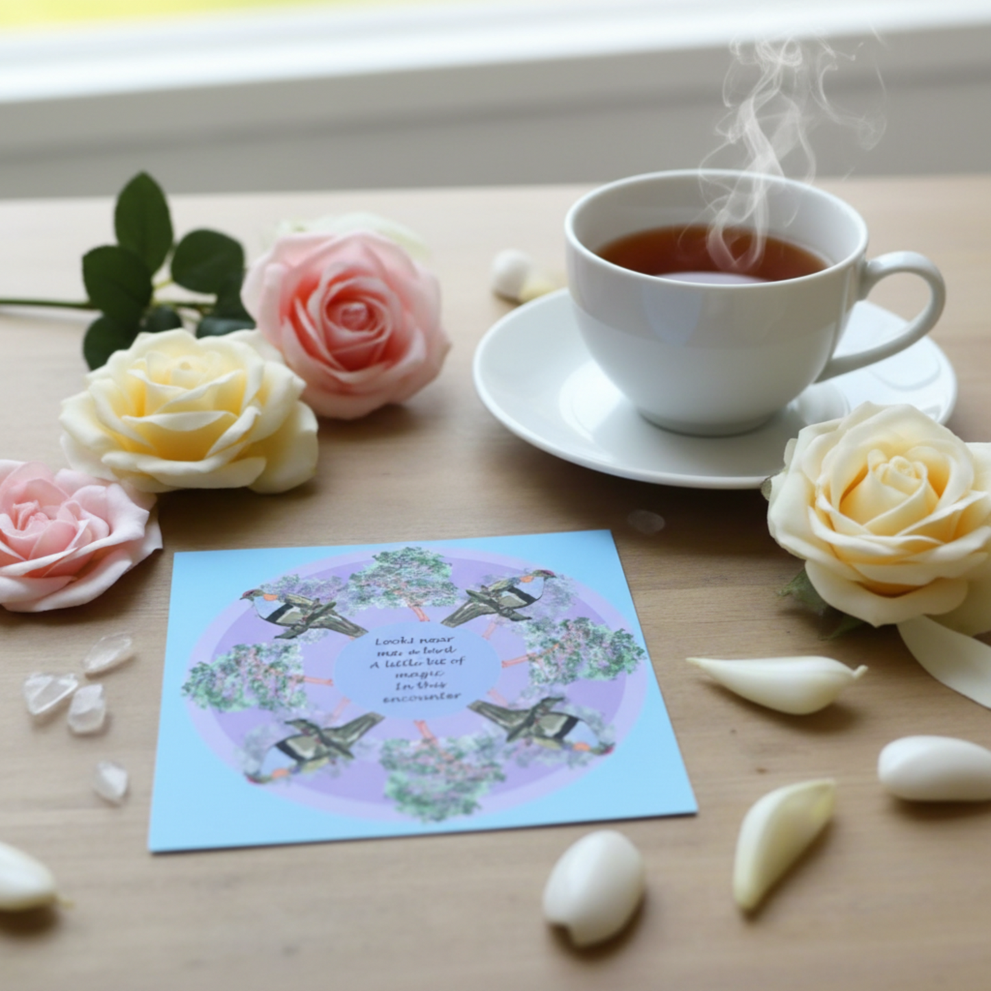Fruit Dove Bird greeting card set styled on table with cup of tea with natural light aesthetic