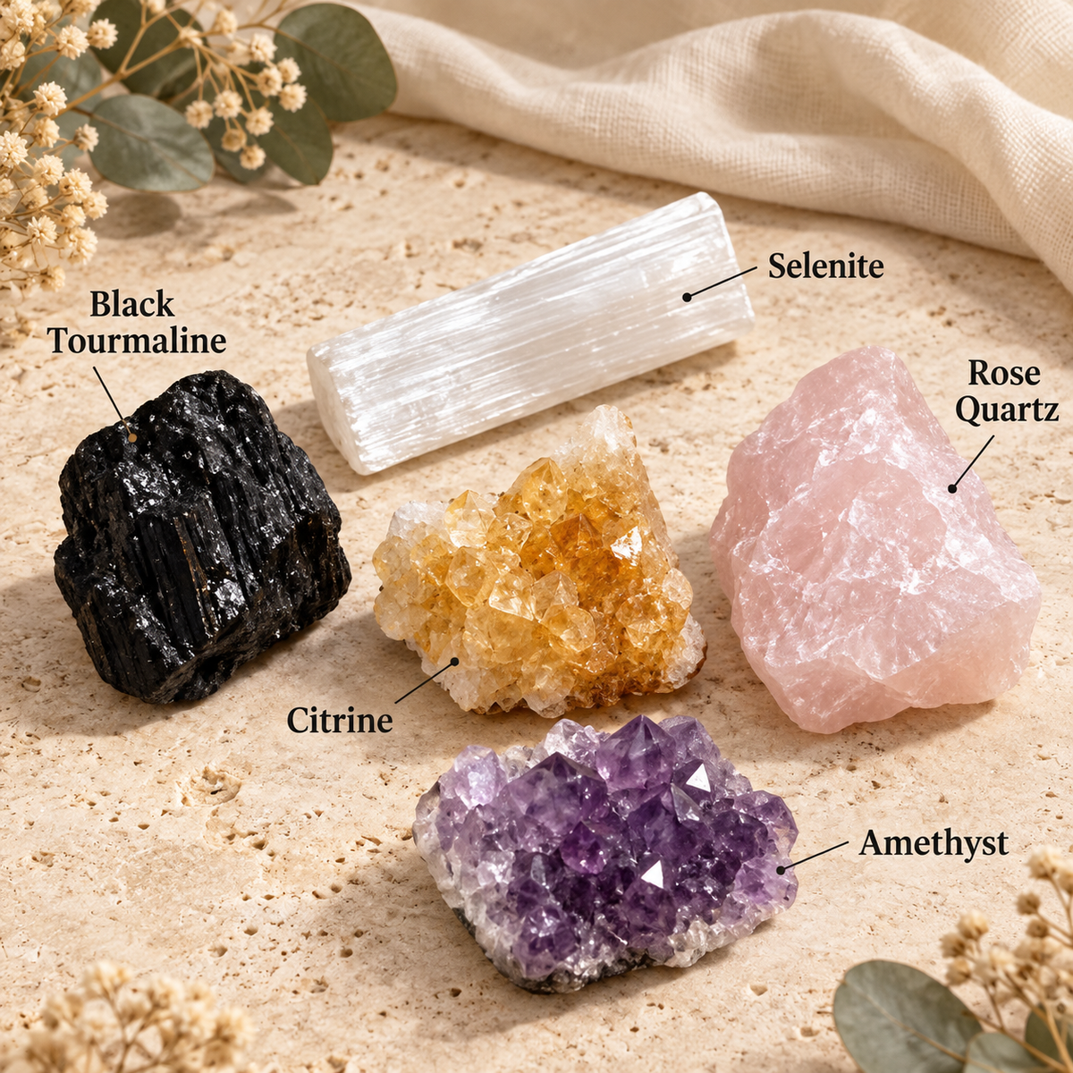 Labelled five-piece crystal set identifying black tourmaline, selenite, rose quartz, citrine and amethyst.
