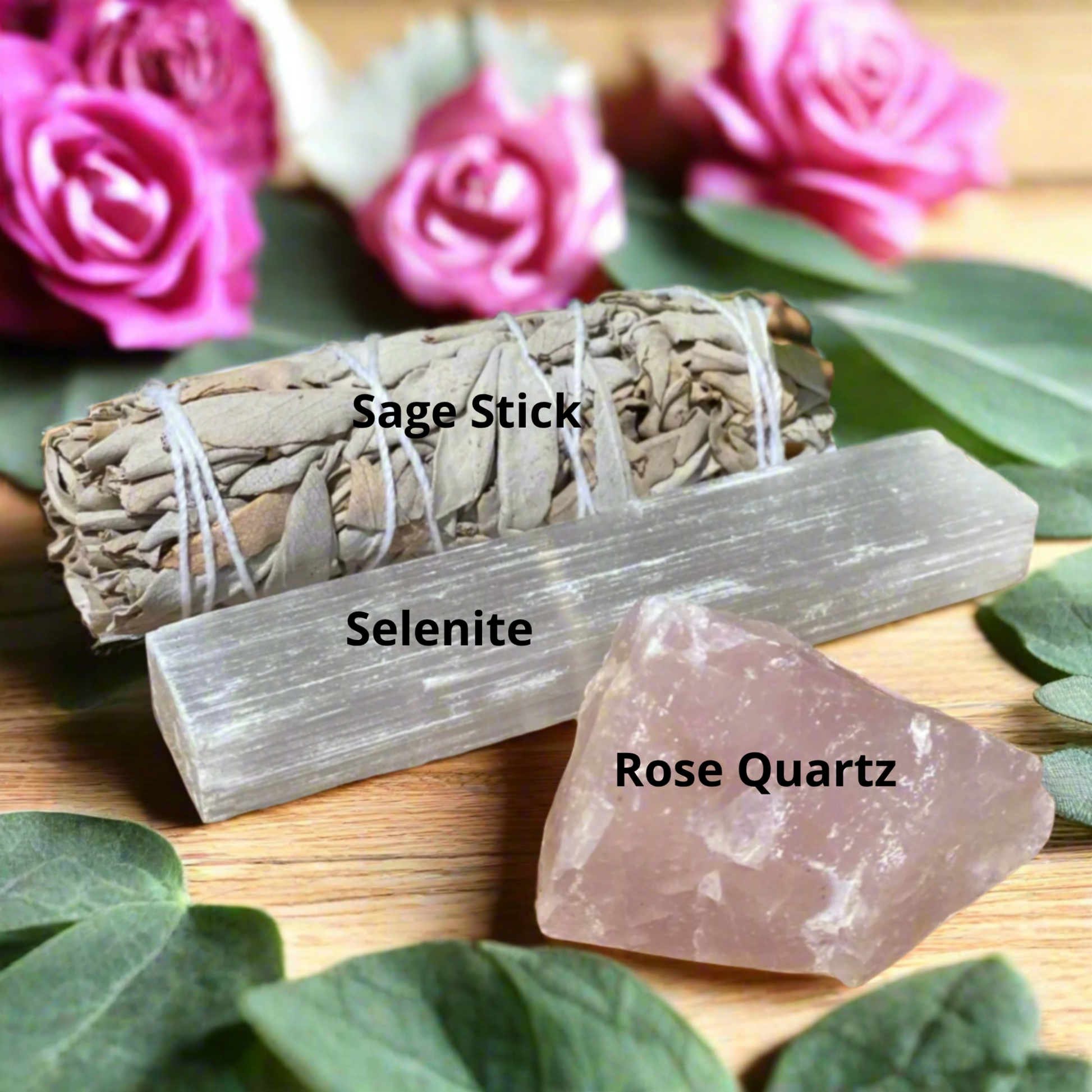 Crystal kit showing labelled rose quartz, selenite and sage for self love and emotional healing