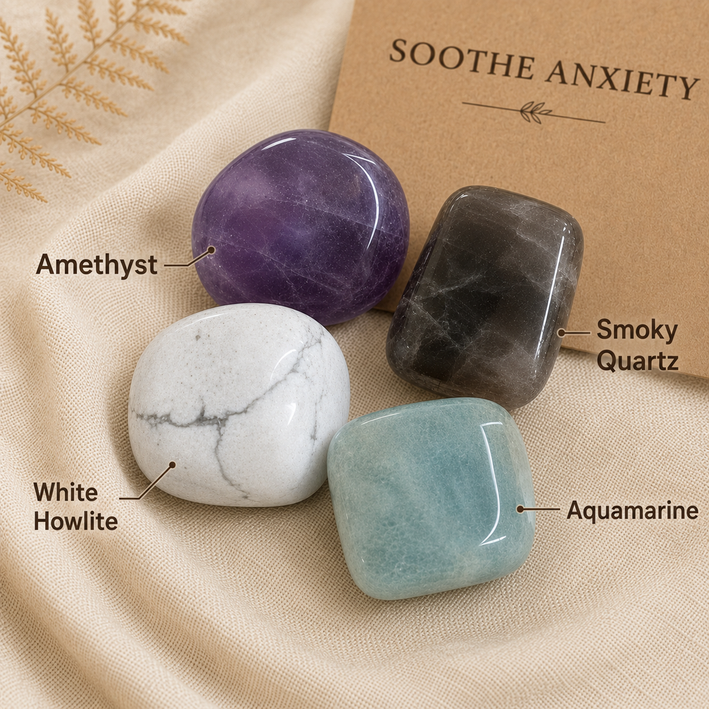 Four polished crystal stones labeled Amethyst, Smokey Quartz, White Howlite, and Aquamarine arranged on beige fabric with a kraft card reading 'SOOTHE ANXIETY'.