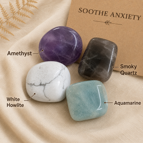 Four polished crystal stones labeled Amethyst, Smokey Quartz, White Howlite, and Aquamarine arranged on beige fabric with a kraft card reading 'SOOTHE ANXIETY'.