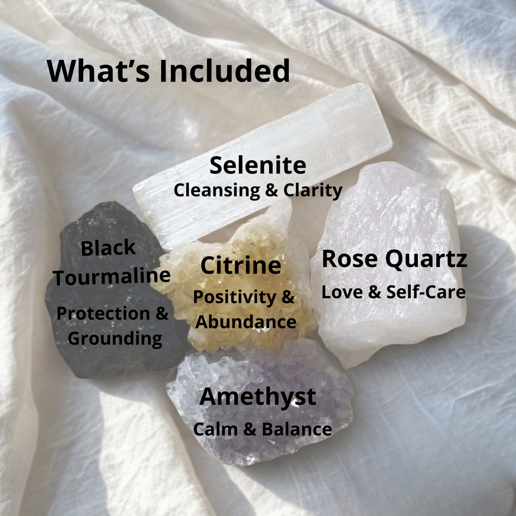 Labelled crystal kit showing amethyst, citrine, rose quartz, black tourmaline and selenite with names and meanings for mindfulness and emotional balance