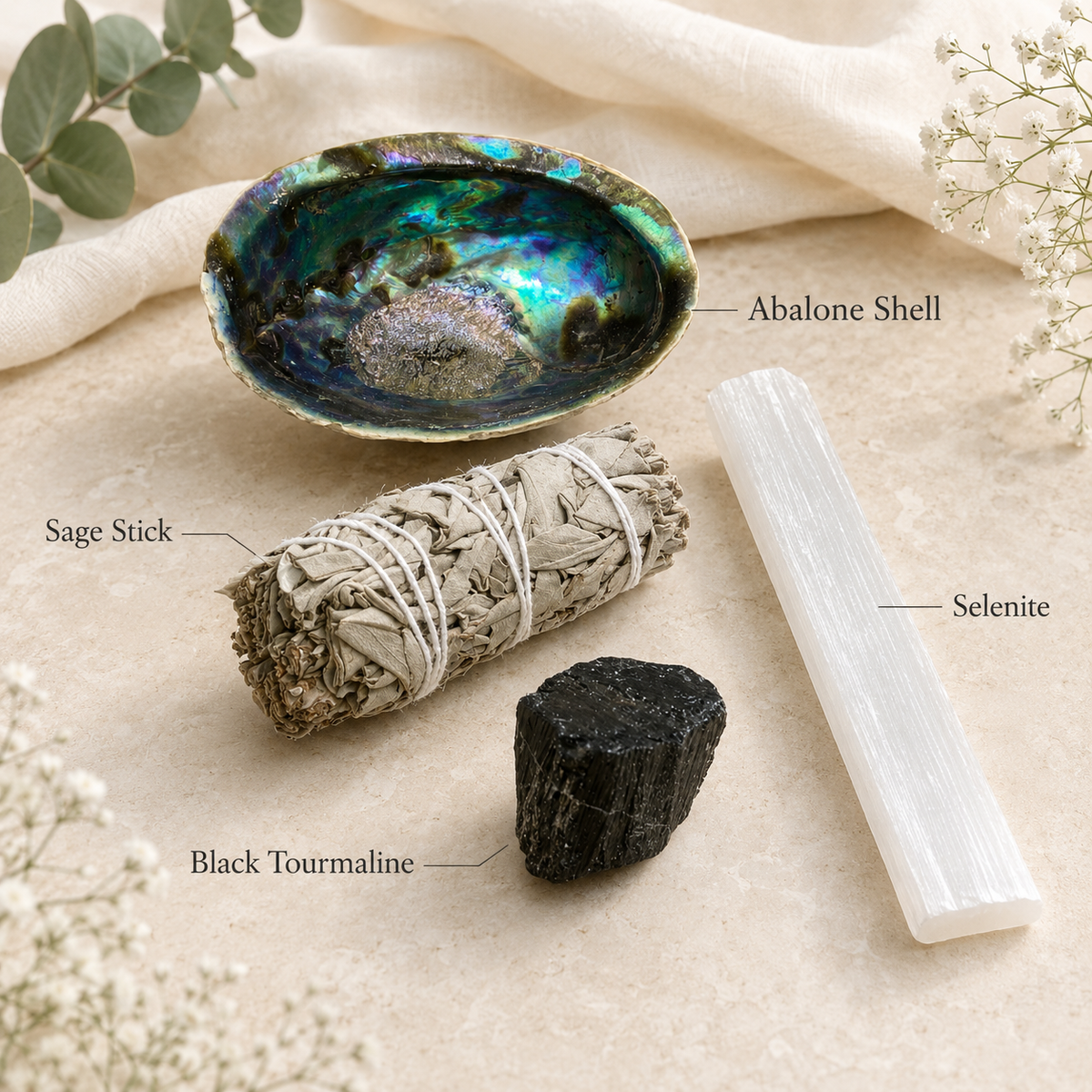 A styled flat-lay of five wellness crystals and a sage smudge bundle on a beige fabric background with eucalyptus leaves. The items are labeled: Abalone Shell, Sage Stick, Selenite, and Black Tourmaline.