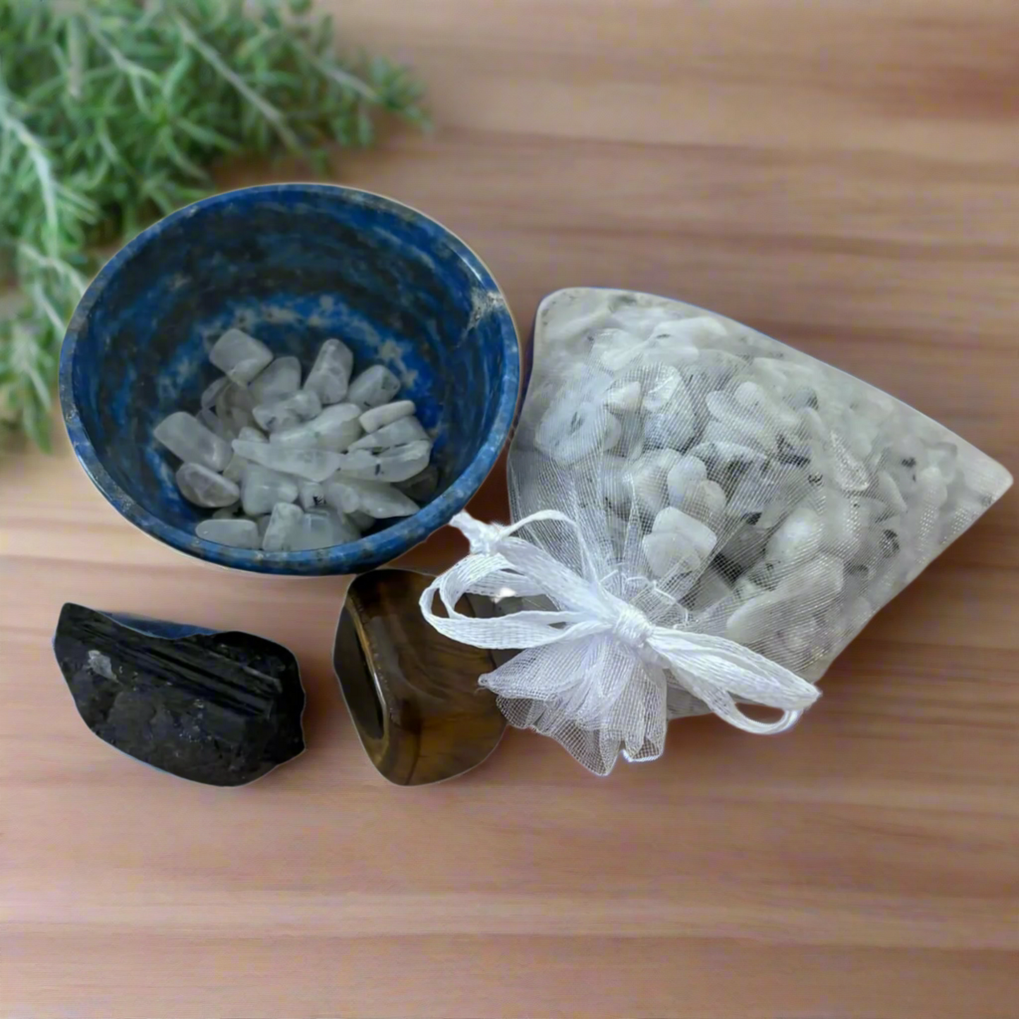 Lapis Lazuli Bowl with Moonstone Chips, Black Tourmaline & Tiger’s Eye – Mindful Crystal Set 