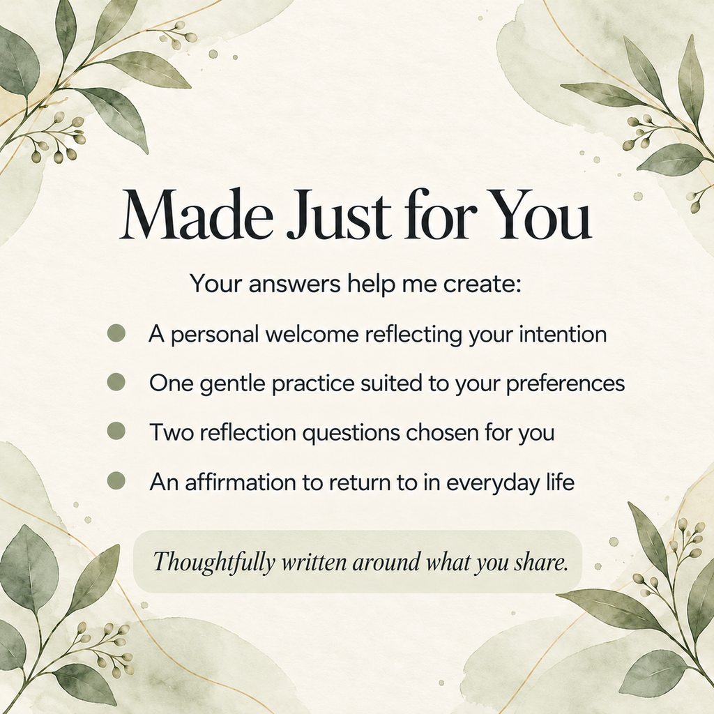 Personalisation explained: questionnaire answers shape the welcome, choice of practice, reflection questions and affirmation in each written guide.