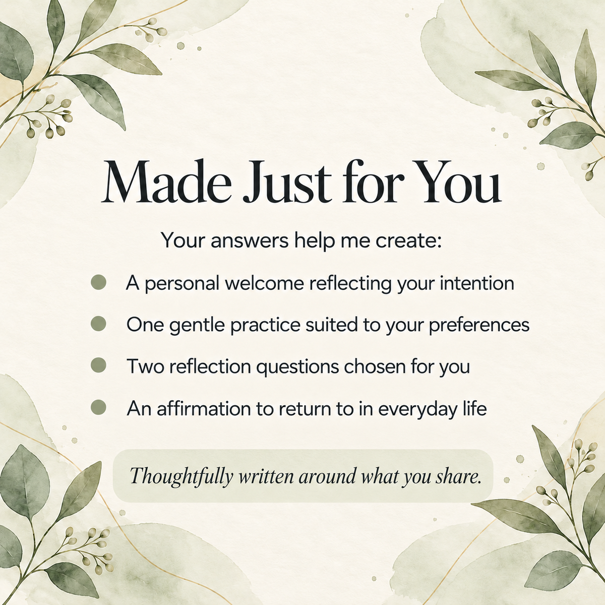 Personalisation explained: questionnaire answers shape the welcome, choice of practice, reflection questions and affirmation in each written guide.