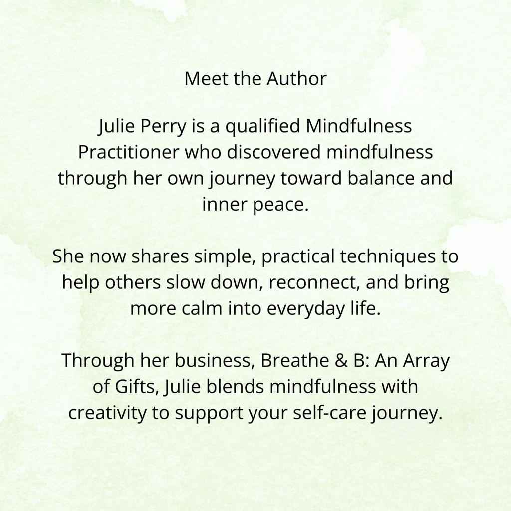 Text about Julie Perry, a mindfulness practitioner, on a light green background.