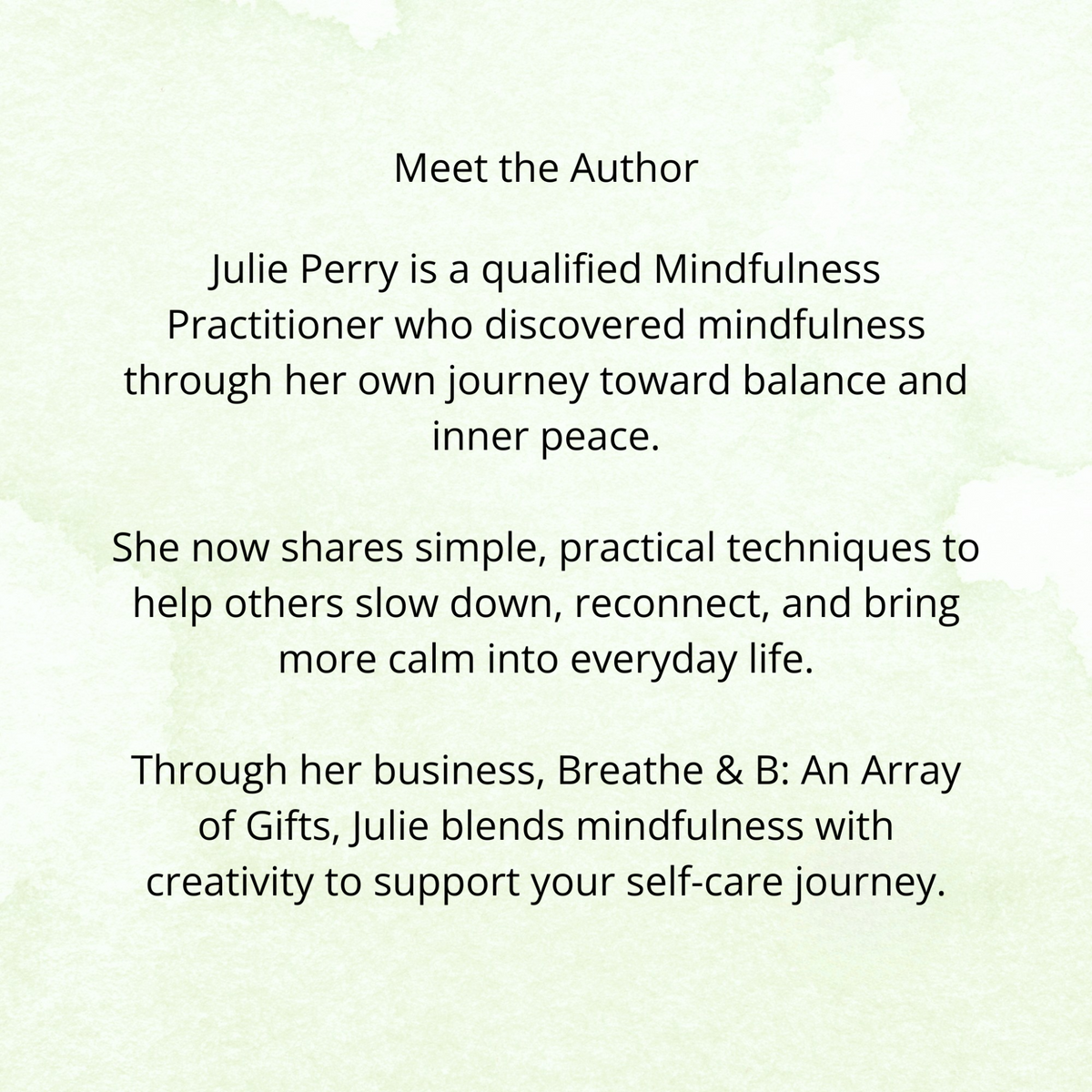 Text about Julie Perry, a mindfulness practitioner, on a light green background.