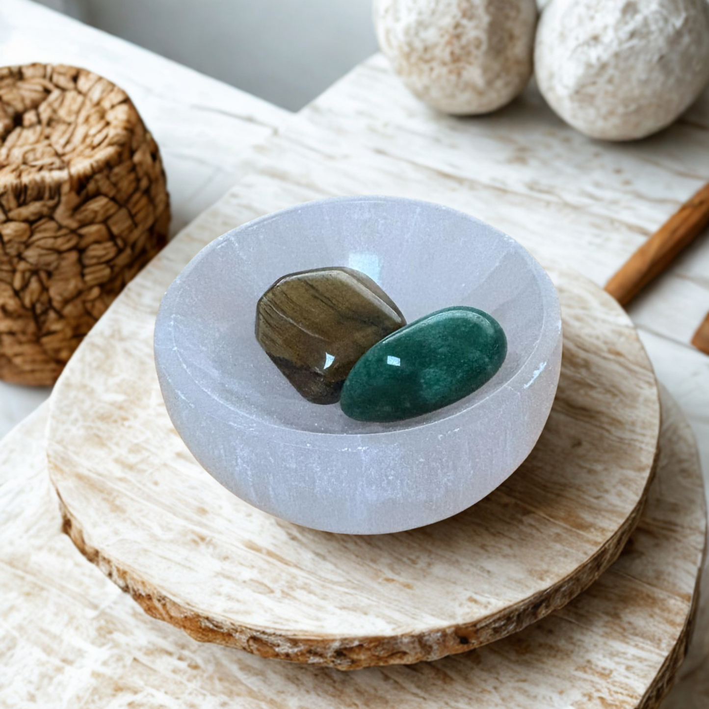 Mindful Calm Crystal Set – Selenite Bowl, Tiger’s Eye and Green Aventurine | Balance, Focus & Inner Peace
