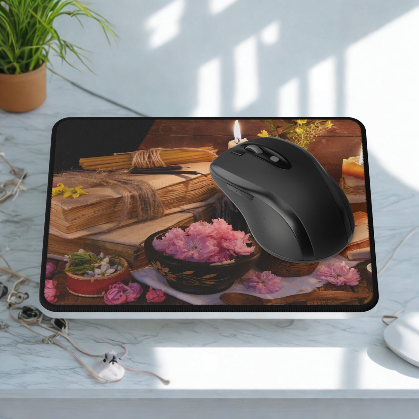 Mouse pad with a decorative design featuring books, flowers, and a mouse on a light surface.